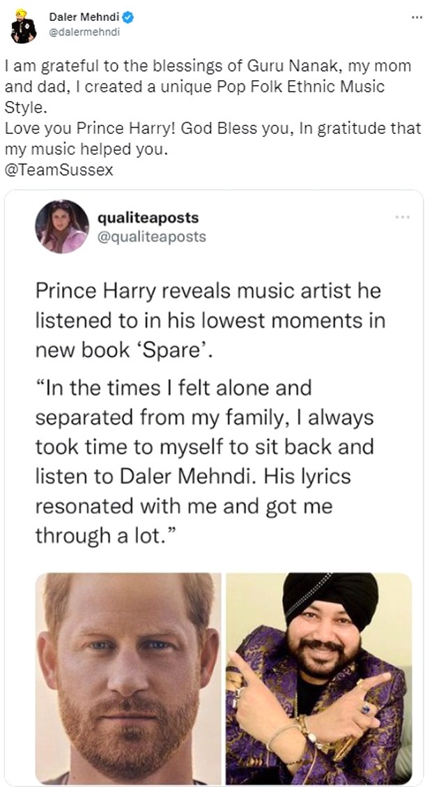 Daler Mehndi leaves netizens in splits as he reacts to a parody post claiming Prince Harry listened to him in “lowest moments”