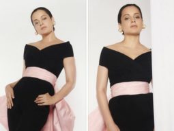 Kangana Ranaut sports a black jumpsuit by Gauri & Nainika with a pink bow belt at the wrap up party of Emergency