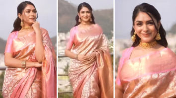 Mrunal Thakur, dressed in a blush pink brocade saree and with gajra in her hair, has our whole attention