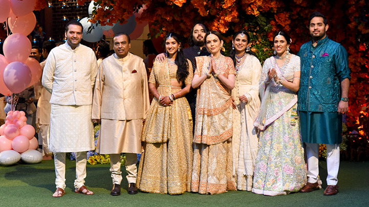 Mukesh Ambani with his family at his son's engagement ceremony ...