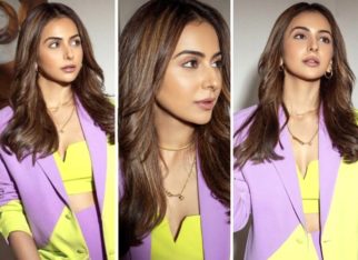 Rakul Preet Singh rocks a colour-blocked pant-suit that is bold and bright for Chhatriwali promotions
