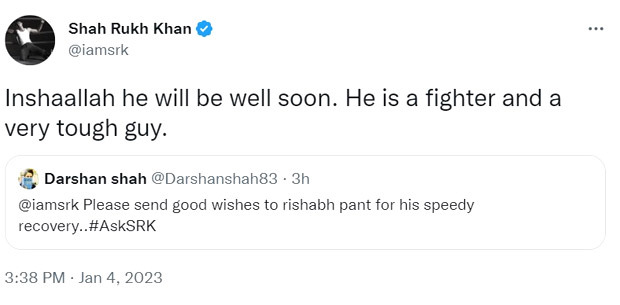 #AskSRK: Shah Rukh Khan calls Rishabh Pant “a fighter”; sends his wishes for speedy recovery