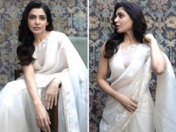 Samantha Ruth Prabhu looks angelic in an ivory silk organza saree for Rs.48K at Shaakuntalam trailer launch