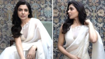 Samantha Ruth Prabhu looks angelic in an ivory silk organza saree for Rs.48K at Shaakuntalam trailer launch
