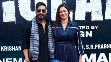 The iconic duo, Tabu and Ajay Devgn pose for paps at ‘Bhola’ teaser 2 launch