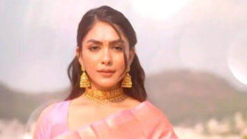 Mrunal Thakur, dressed in a blush pink brocade saree and with