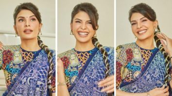 You’ll appear like the most stylish wedding guest around in this blue abstract saree by Abu Jani Sandeep Khosla, worn by Jacqueline Fernandez