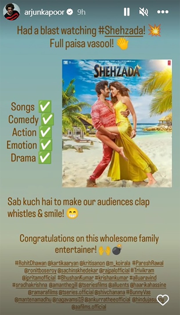 Arjun Kapoor reviews Shehzada; calls the Kartik Aaryan starrer “Full paisa vasool”
