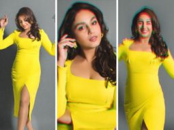 Huma Qureshi continues the neon trend with her sophisticated rendition in a midi dress with ruched details