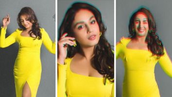 Huma Qureshi continues the neon trend with her sophisticated rendition in a midi dress with ruched details