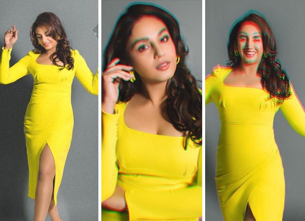 Huma Qureshi continues the neon trend with her sophisticated rendition in a midi dress with ruched details : Bollywood News