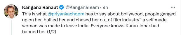 Kangana Ranaut accuses Karan Johar of ruining Priyanka Chopra Jonas’ career after the latter opened up about moving away from Bollywood
