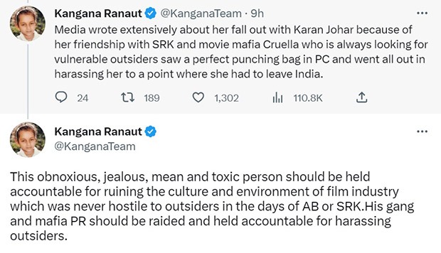 Kangana Ranaut accuses Karan Johar of ruining Priyanka Chopra Jonas’ career after the latter opened up about moving away from Bollywood