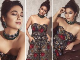 Keerthy Suresh exudes spring charm in a gorgeous flowery black strapless jumpsuit by Varun Bahl, which costs Rs.2 Lakh