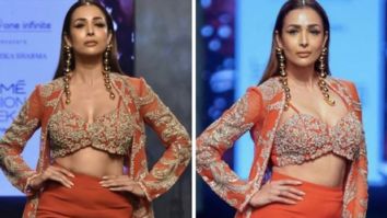 Malaika Arora steals the show in an equally classic and contemporary crimson sharara and jacket by Bhumika Sharma during Lakme Fashion Week