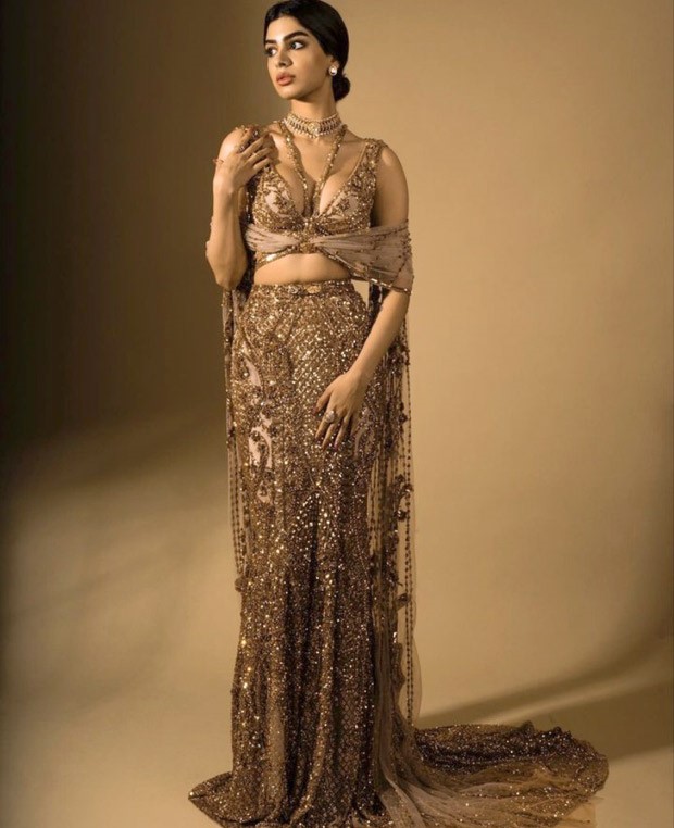 All the glitters is Khushi Kapoor in golden mermaid lehenga by Falguni & Shane peacock for NMACC