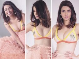 Diana Penty twirls in a charming tulle skirt and a bikini with a tropical palm print