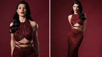 Jacqueline Fernandez dazzles in this stunning embellished maroon cut-out gown