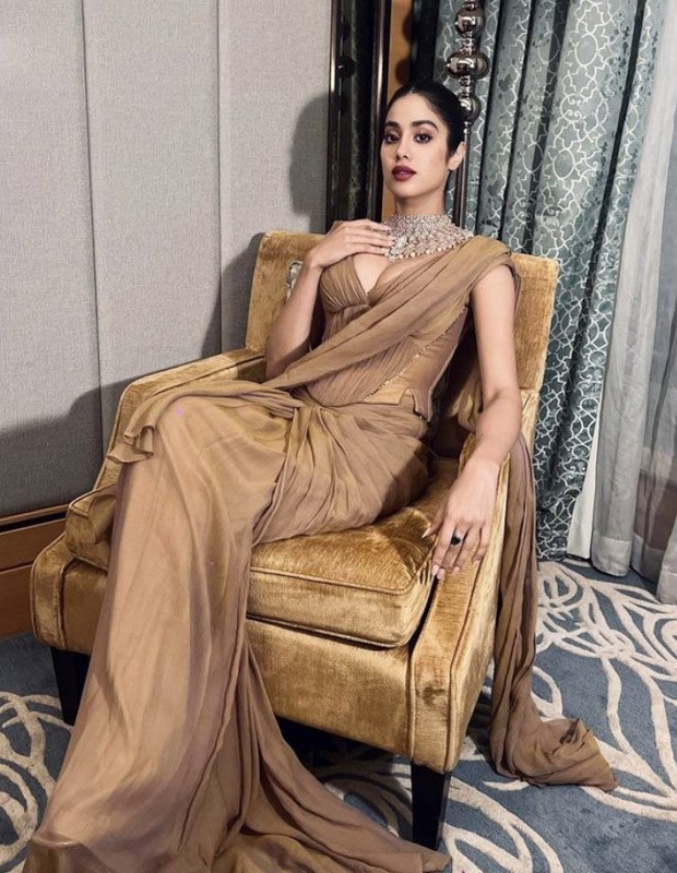 Janhvi Kapoor gives party style a traditional spin in a stunning beige corset saree by Tarun Tahiliani 