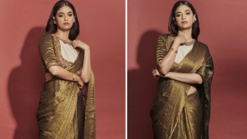 Keerthy Suresh in bronzed pleated saree is a sure shot showstopper