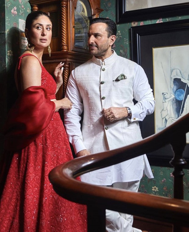 Saif Ali Khan's white bandhgala and Kareena Kapoor's crimson lehenga showcase their contrasting yet stylish red carpet looks