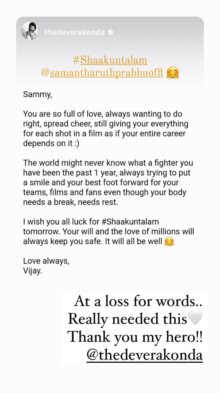 Ahead of Shaakuntalam release, Vijay Deverakonda pens a heartfelt note for “fighter” Samantha Ruth Prabhu; latter calls him “my hero”
