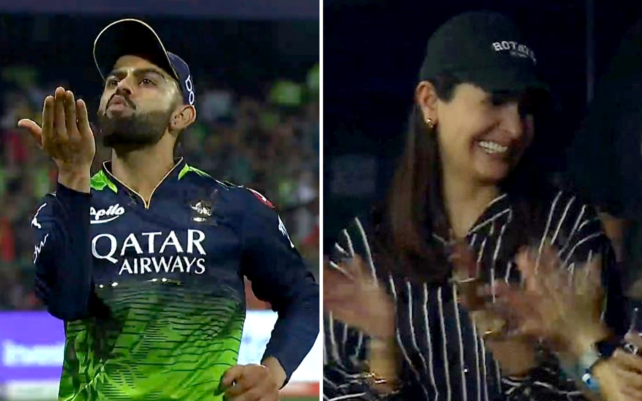 Virat Kohli blows a kiss to Anushka Sharma in the stands during RCB vs Rajasthan Royals’ IPL match in Bengaluru Virat Kohli blows a kiss to Anushka Sharma in the stands during RCB vs Rajasthan Royals’ IPL match in Bengaluru