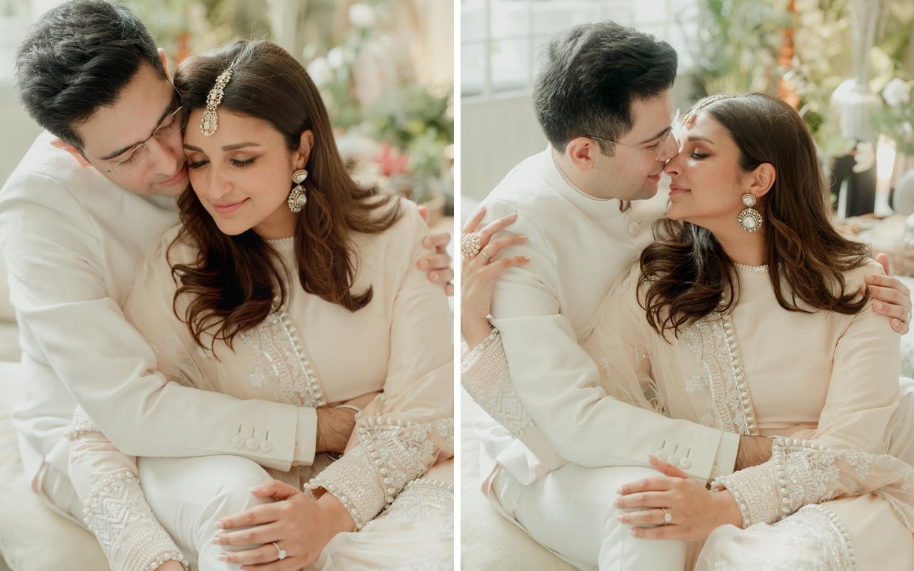 FIRST PHOTOS! Parineeti Chopra and Raghav Chadha look resplendent in white as they get engaged in Delhi