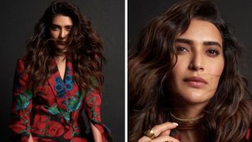 Karishma Tanna gives her power dressing her own fashionable floral twist in red floral blazer and denim pants for Scoop promotions
