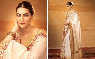 Kriti Sanon graces the Adipurush trailer launch in a captivating gold saree, inspired by the purity of Sita, beautifully crafted by Abu Jani Sandeep Khosla
