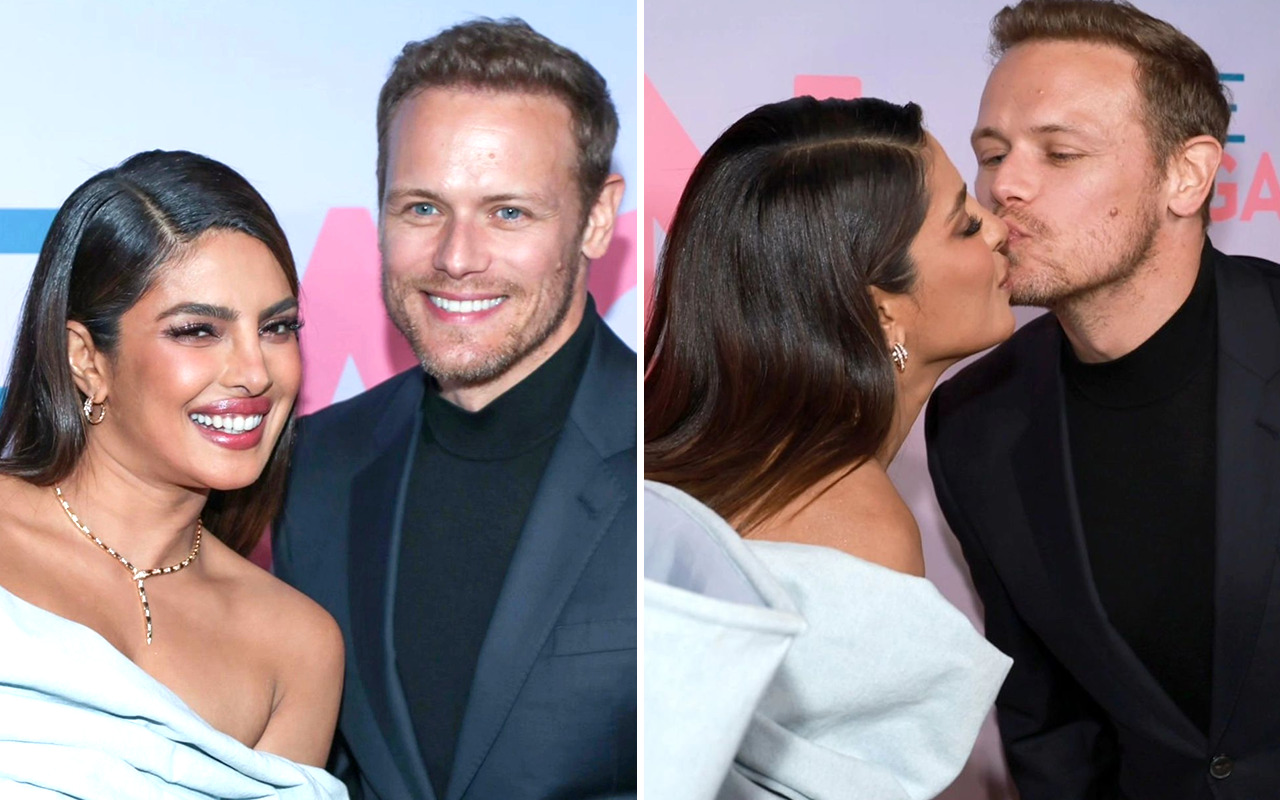 Priyanka Chopra Jonas shares a kiss with Love Again co-star Sam Heughan at the red carpet premiere of their rom-com; video goes viral