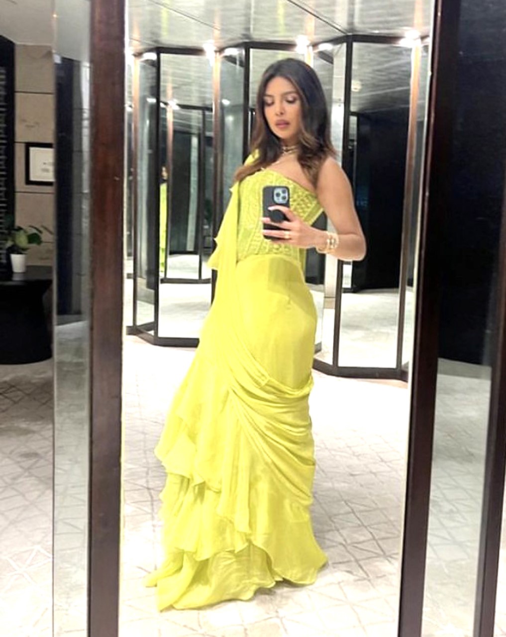 Priyanka Chopra sets hearts aglow in Mishru's lime green ruffled saree and corset blouse at Parineeti Chopra - Raghav Chaddha's engagement