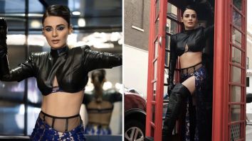 Radhika Madan unleashes her bold and beautiful avatar in black leather crop top and blue thigh high slit skirt designed by Neeta Lulla