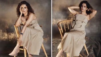 Sanya Malhotra exudes effortless elegance in a beige strapless dress with delicate button details