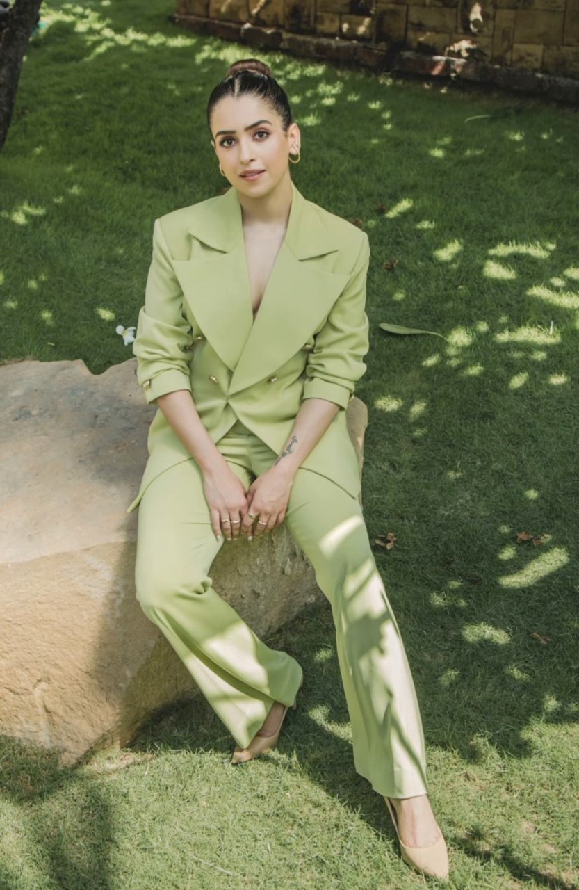 Sanya Malhotra powers up her style game in a green pantsuit for Kathal promotions