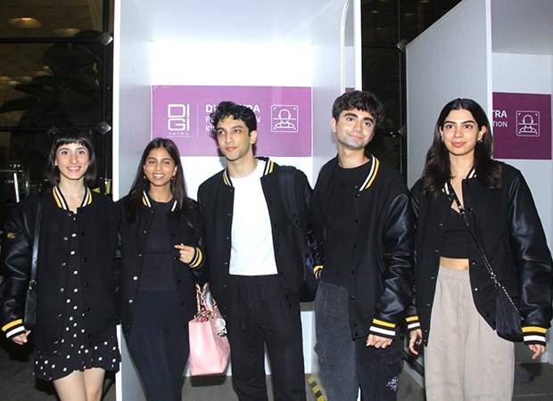 The Archies team, including Suhana Khan, Agastya Nanda, and Khushi Kapoor, sport matching jackets as they depart for Tudum 2023 in Brazil