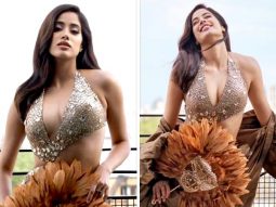 Janhvi Kapoor graces the Animal Ball with ethereal elegance, donning a breath-taking bronze plunge-neck gown by Manish Malhotra, accentuated by a flouncy cape