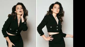 Kangana Ranaut ups the cool factor of a cropped black jacket and skirt with side of pearls