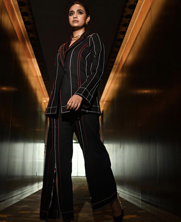 Keerthy Suresh shows us her very chic side in black striped pantsuit for the promotions of her film Maamannan