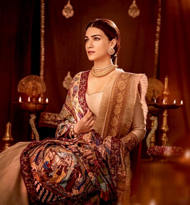 Kriti Sanon exudes ethnic diva royalty vibes in a stunning beige anarkali ensemble capped with a shawl drawn from the Ramayana 