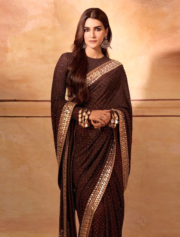 Kriti Sanon radiates elegance and enigma in brown saree by Arpita Mehta at the Adipurush final trailer launch event