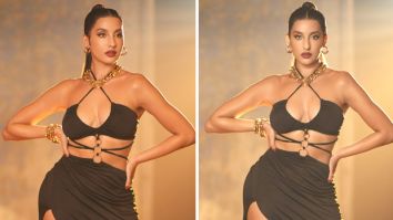 Nora Fatehi sets the stage on fire in a black cut-out dress, adorned with golden jewels, exuding a perfect blend of sophistication and allure