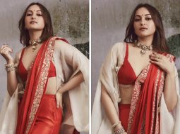 Sonakshi Sinha sets the night on fire, draped in Anamika Khanna’s vibrant red saree with an ethereal organza cape, stealing hearts at Madhu Mantena and Ira Trivedi’s grand reception