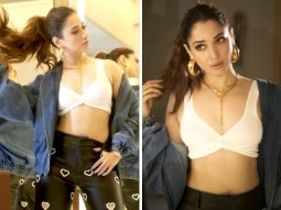 Tamannaah Bhatia looks effortlessly chic and edgy, stealing hearts in black pants, white ribbed bralette, and denim jacket for Jee Karda promotions