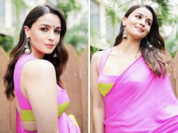Alia Bhatt treated us to a traditional look in dual-toned pink and neon saree as she promotes Rocky Aur Rani Kii Prem Kahaani in Vadodara