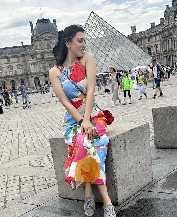 Hansika Motwani injects colour into her vacation by wearing a colourful outfit as she travels to Paris with her mother for her mum’s birthday