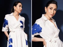 Karisma Kapoor’s white and blue midi dress from Lovebirds Studio exudes a relaxed summery mood