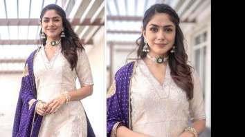 Mrunal Thakur, dressed in a blush pink brocade saree and with