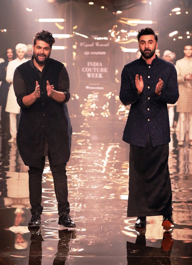 Ranbir Kapoor turns up the heat in bandhgala and fusion lungi pants as he walks the ramp for Kunal Rawal at India Couture Week