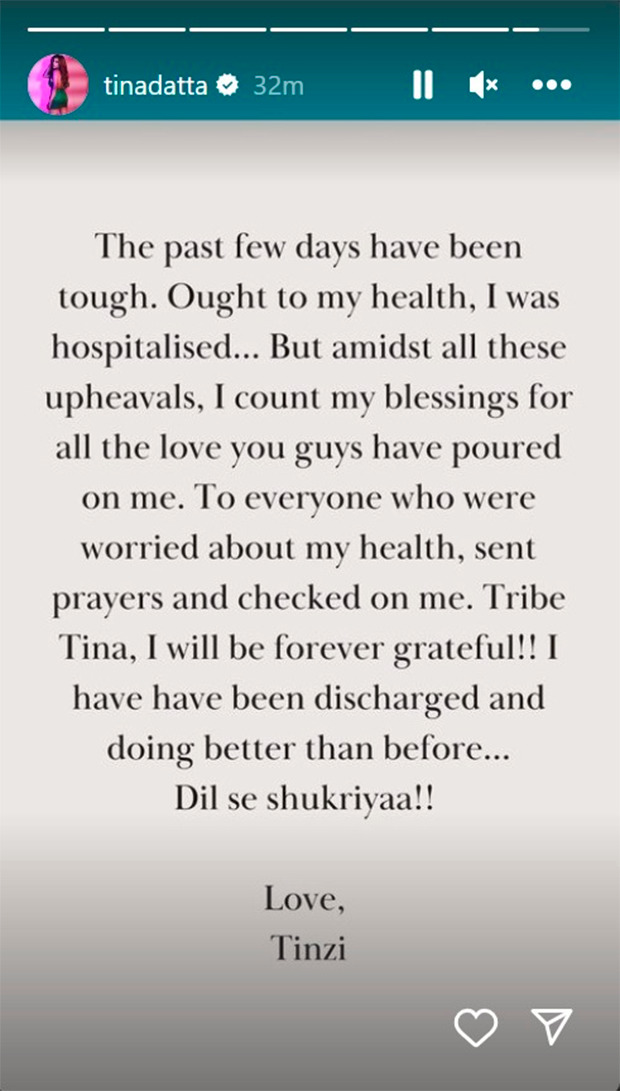 Tina Datta expresses gratitude to her fans during a health scare; says, “Dil se shukriyaa!”